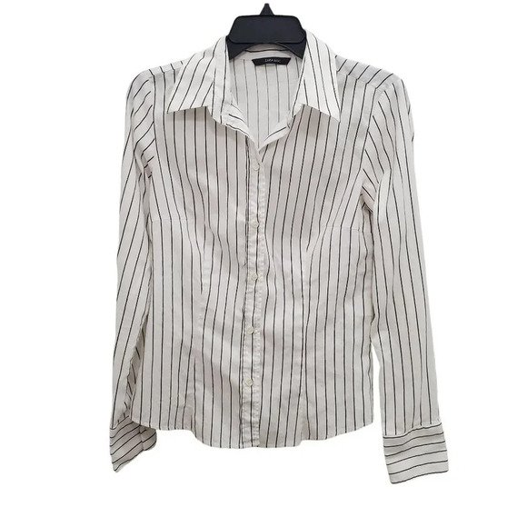 Zara Basic Women's White Black Pinstripe Cotton Blend Long Sleeve Dress‎ Shirt L - Picture 1 of 8